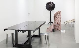 Model Furniture No. 5 (Table) by MOS in foreground with Young Americans, 2018 by Norman Kelley and 'Wanna go there!' (Partition), 2018