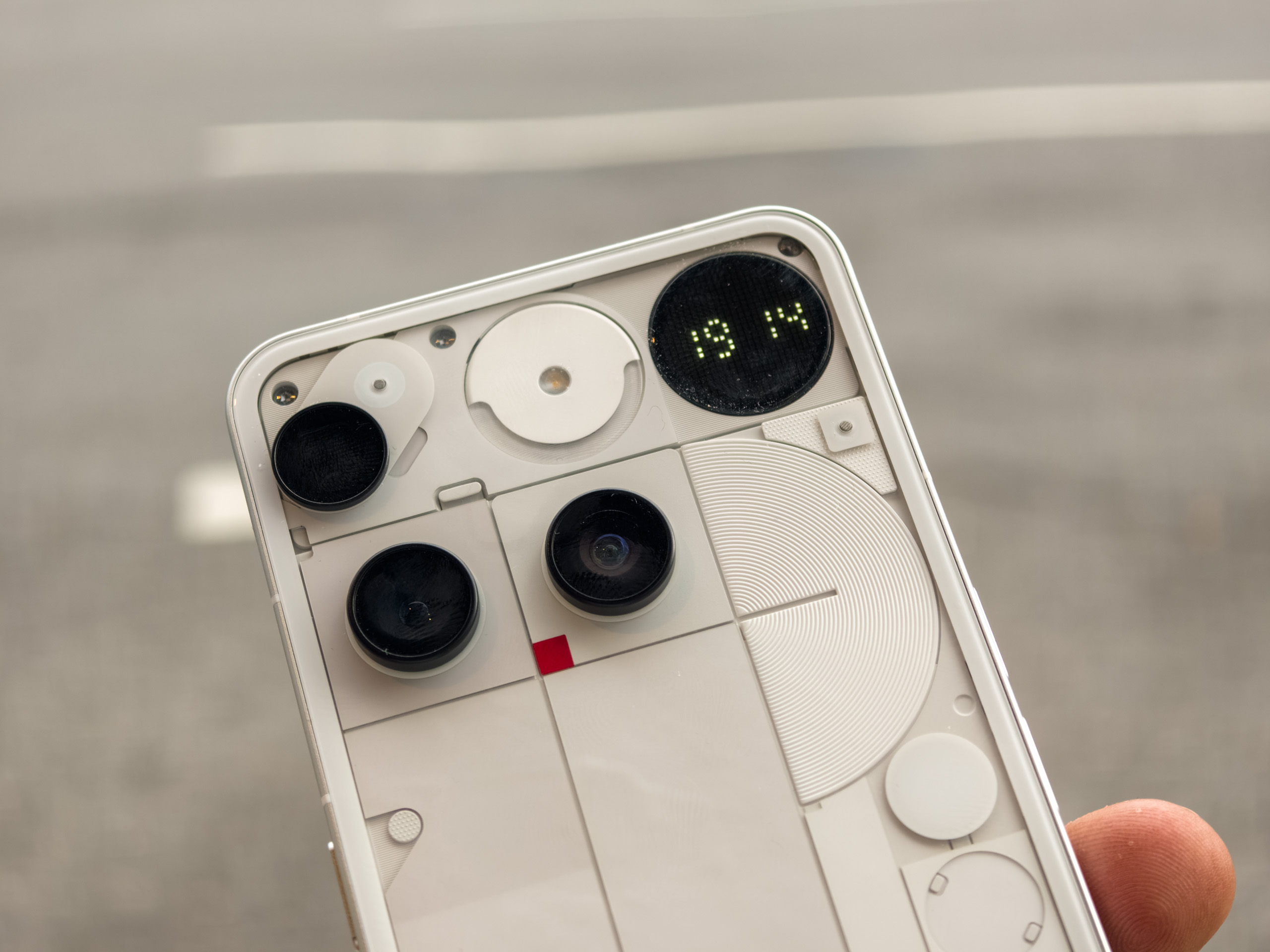 Close up of the camera design, glyph matrix and glyph matrix button on the Nothing Phone 3