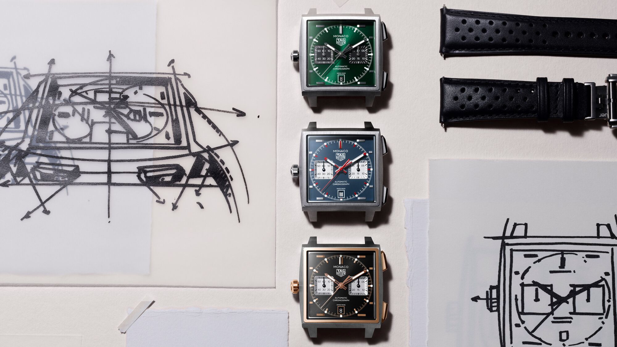 A range of iconic Monaco Chronograph watch heads with design notes