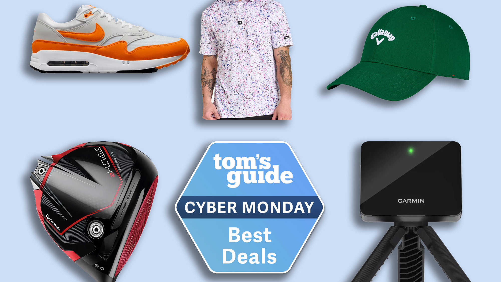 Cyber Monday discounted products on a blue background.