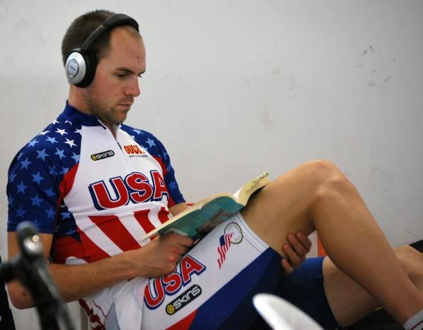 An American rider relaxes in between events
