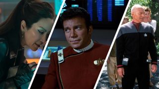 Split image showing a screenshot from three Star Trek movies.