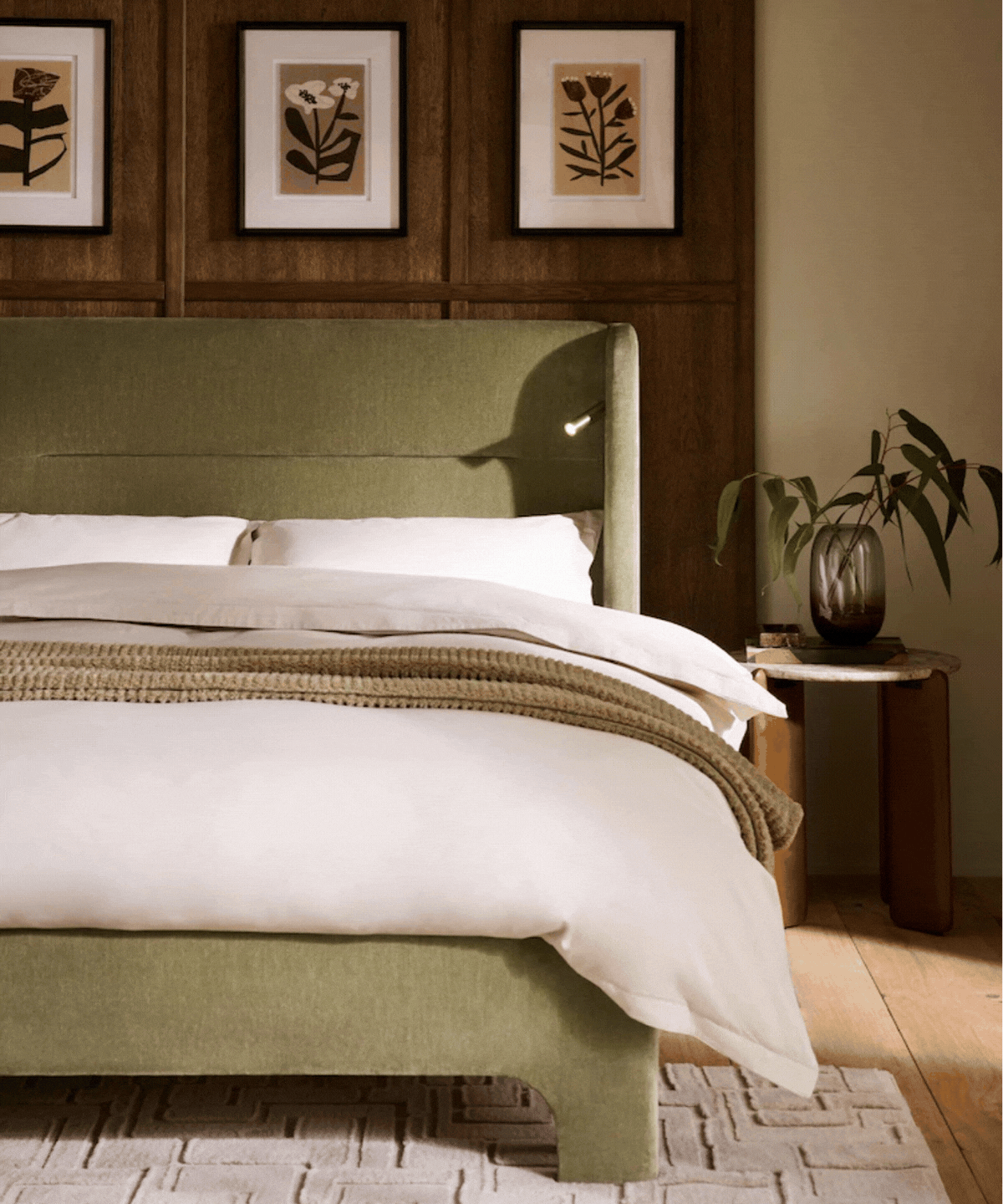 Next, Relaxed Chenille Light Olive Green Ebony Upholstered Bed Frame
