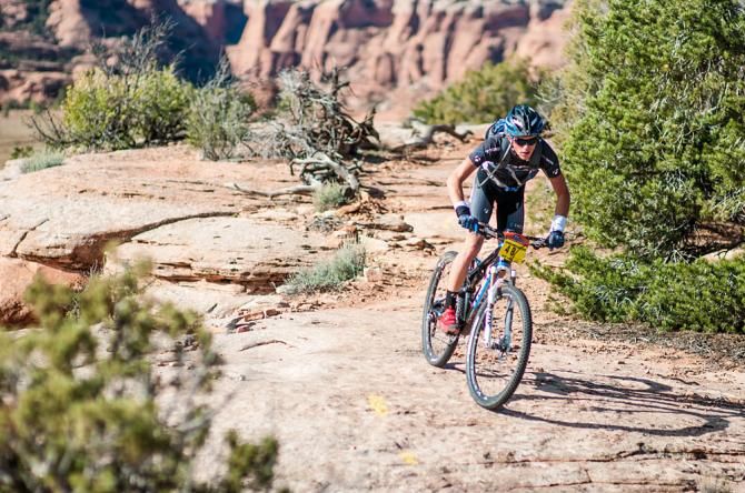 Russell Finsterwald (Trek Factory Racing) on his way to winning the inaugural Moab Rocks stage race