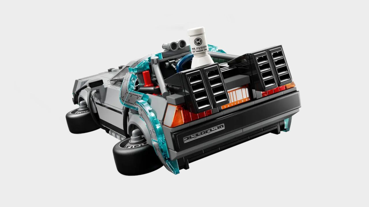 Lego Back to the Future car set in 'flying' mode