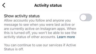 Activity status settings page on Instagram, showing activity status toggled off