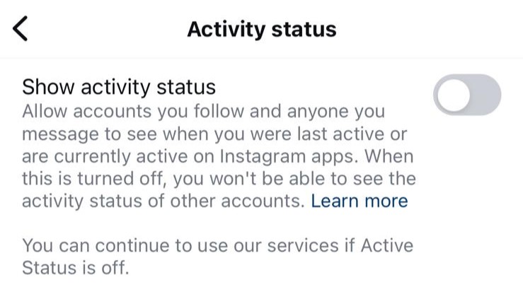 Activity status settings page on Instagram, showing activity status toggled off