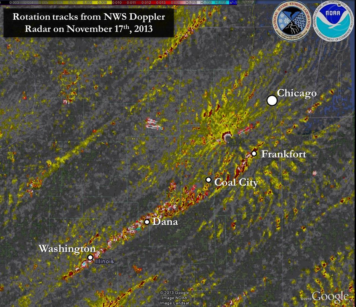 Areas in red, yellow and white show where tornadoes formed over the state of Illinois on Nov. 17, 2013. Notice the abundance of activity within Washington, Ill., much of which was heavily damaged by twisters and high winds. 