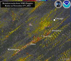 Areas in red, yellow and white show where tornadoes formed over the state of Illinois on Nov. 17, 2013. Notice the abundance of activity within Washington, Ill., much of which was heavily damaged by twisters and high winds. 