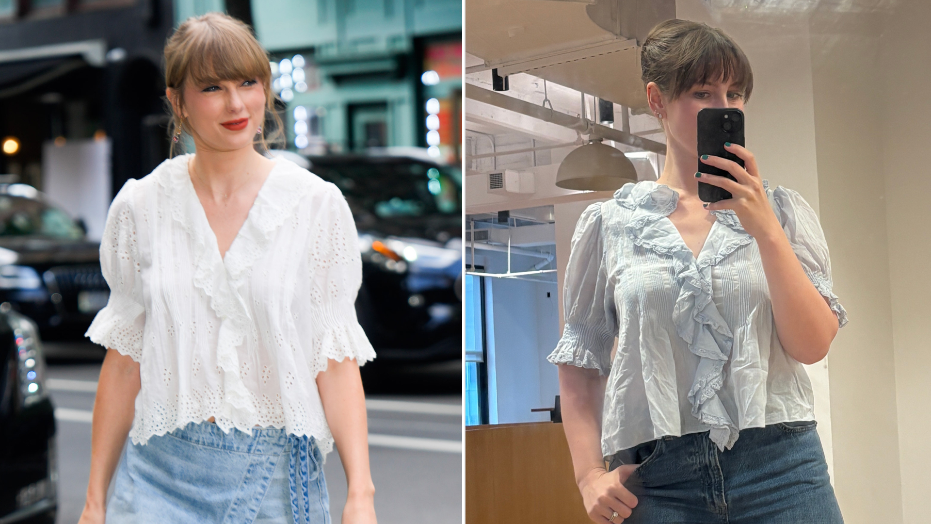 a split image of Taylor Swift and editor Halie LeSavage wearing the Dôen Henri top