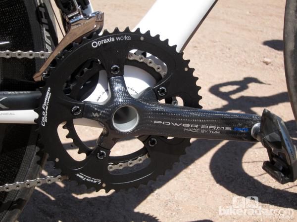 Storck has dropped the weight of its Powerarms carbon road cranks by 30g while supposedly also simultaneously increasing stiffness. Claimed weight for the arms, integrated spindle, and bottom bracket is a feathery 410g. Cost has dropped &euro;200 but is still an astronomical &euro;899.