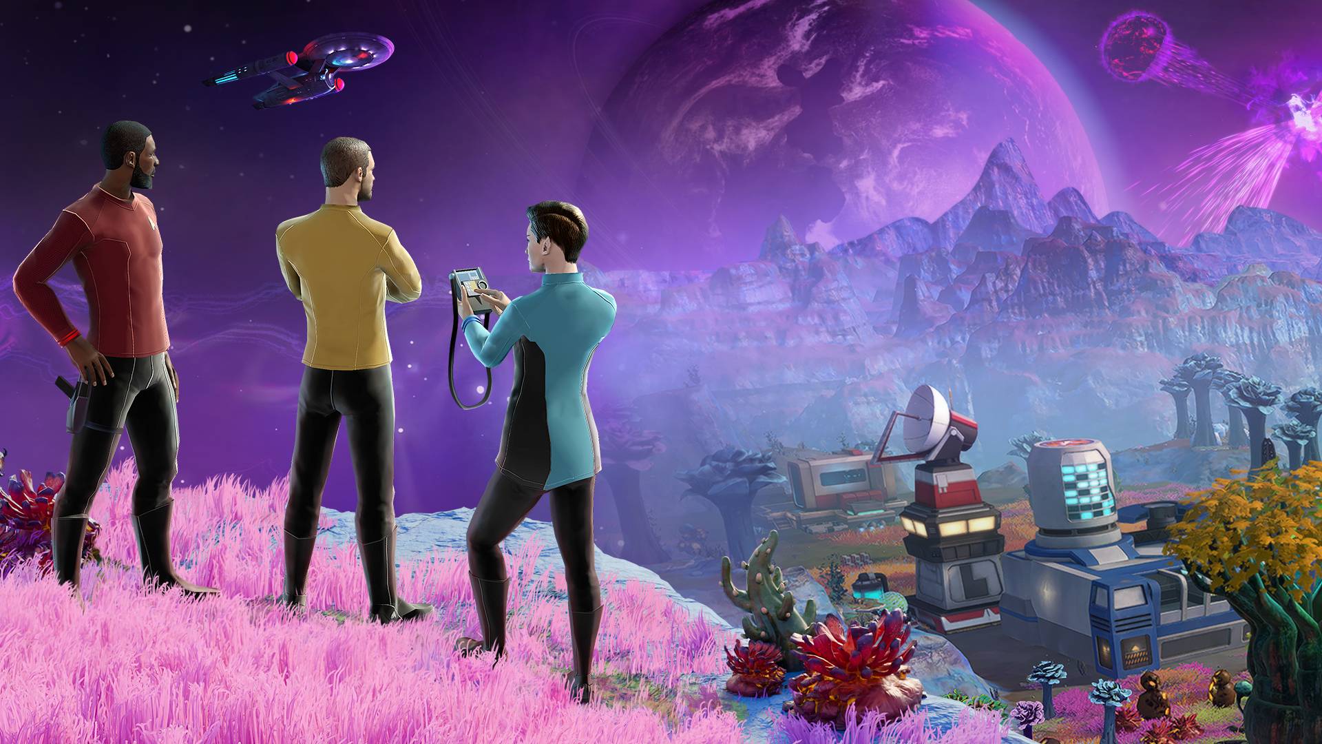 Star Trek: Outposts Unknown key art showing three star trek officers looking out across an alien planet and parts of an outpost