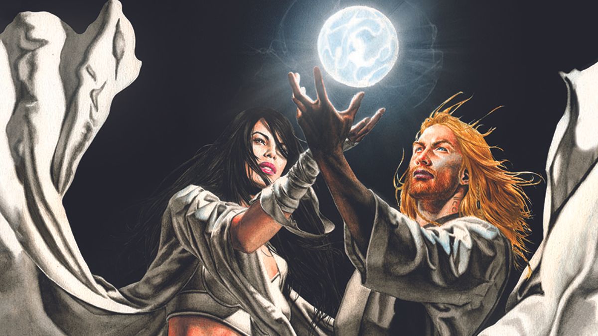 Dawn of the Jedi - here we see a female Jedi with long black hair and wearing white robes forming a ball of white energy in her palm. Next to her is a male Jedi with long ginger hair and a beard wearing white robes who is also raising his hand up to add to the glowing, white energy ball.
