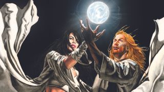 Dawn of the Jedi - here we see a female Jedi with long black hair and wearing white robes forming a ball of white energy in her palm. Next to her is a male Jedi with long ginger hair and a beard wearing white robes who is also raising his hand up to add to the glowing, white energy ball.