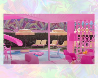 A still of the Barbie Dream House pool and backyard
