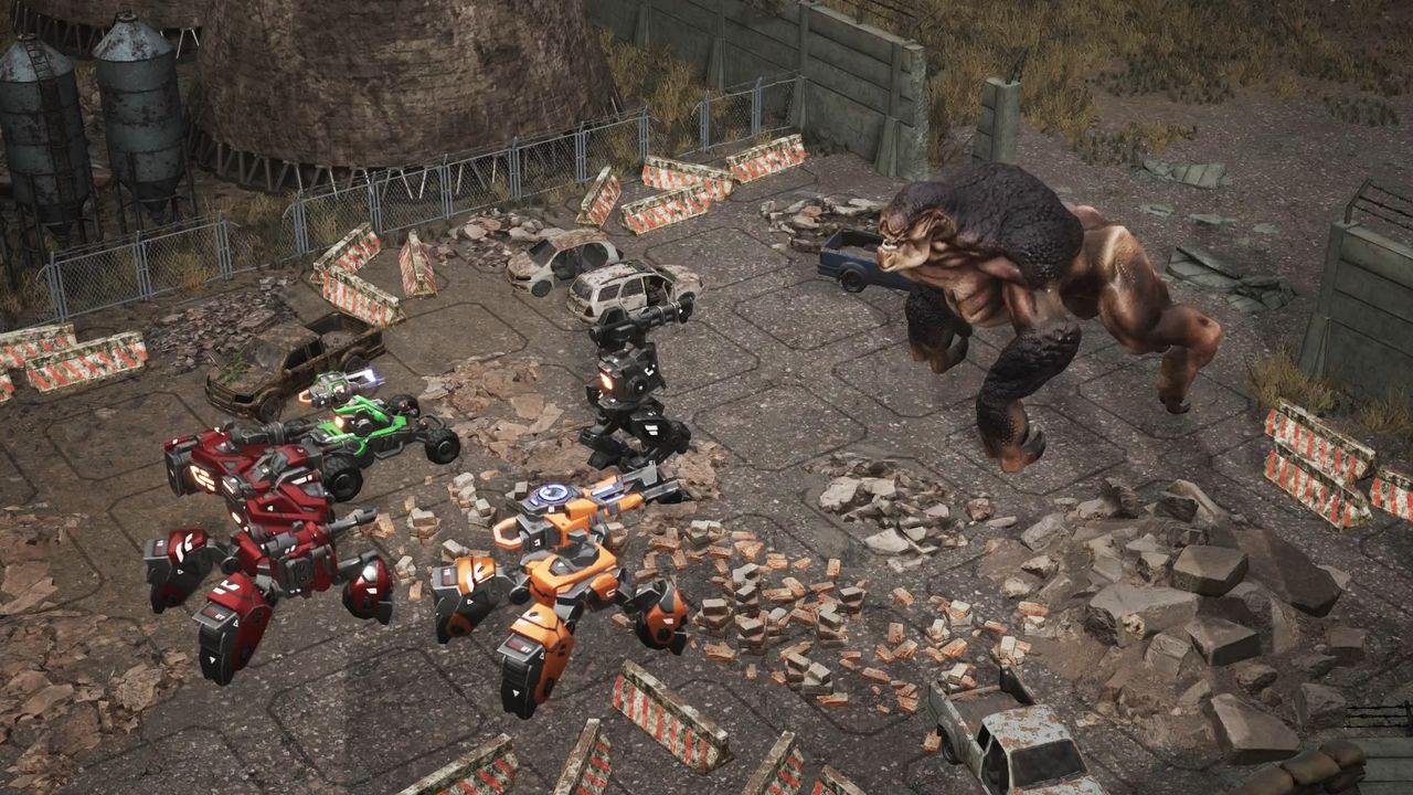 An image of mechs fighting giant monsters from game Mech Armada
