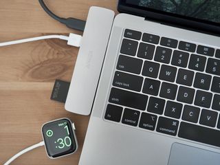 Anker PowerExpand Direct 7-in-2 USB-C Adapter connected to a MacBook Air