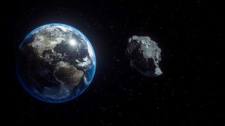 3D illustration of an asteroid flying past Earth.