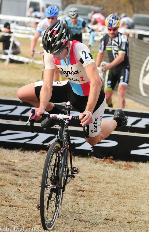 Jeremy Powers (Rapha Focus) remounting his machine on the first lap