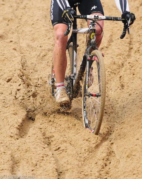 The sand has a bit of moisture in it, making the going rough