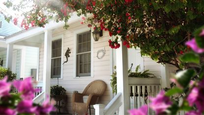 Summer shot of white wooden home with front porch wicker furniture and viewed through a frame of purple and red flowers and dapple sunlight