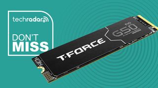 The TeamGroup T-Force G50 Evo 4TB SSD on a green background next to a white TechRadar badge that reads 'Don't Miss'