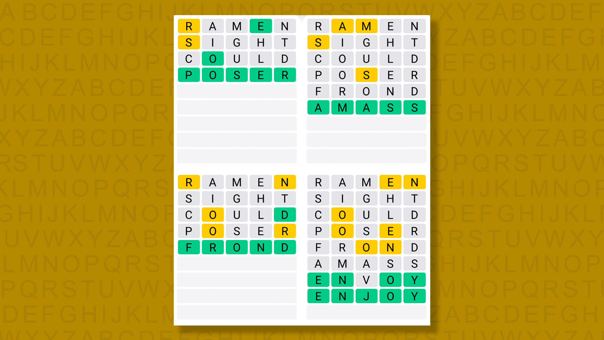 Quordle answers for game 1375 on a yellow background