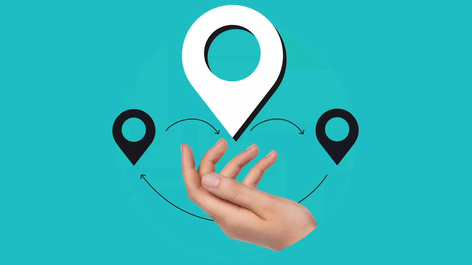 Three location pin symbols hovering above the photo of a human hand with arrows suggesting movement.