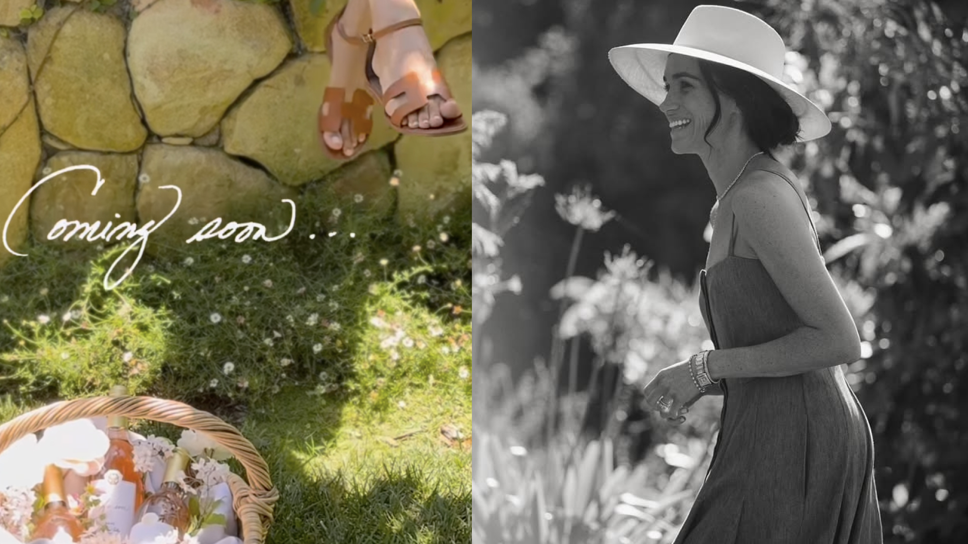 Meghan Markle&#039;s feet wearing sandals hanging from a stone wall and a photo of her in a sleeveless dress and sun hat smiling and turning to the side