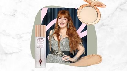 Charlotte Tilbury is pictured at The Fashion Awards 2025 presented by Pandora at the Royal Albert Hall on December 01, 2025 in London, England, and featured in a grey and white marble-effect template alongside two product shots of the Charlotte Tilbury Airbrush setting spray and powder, as well as a powder makeup swatch