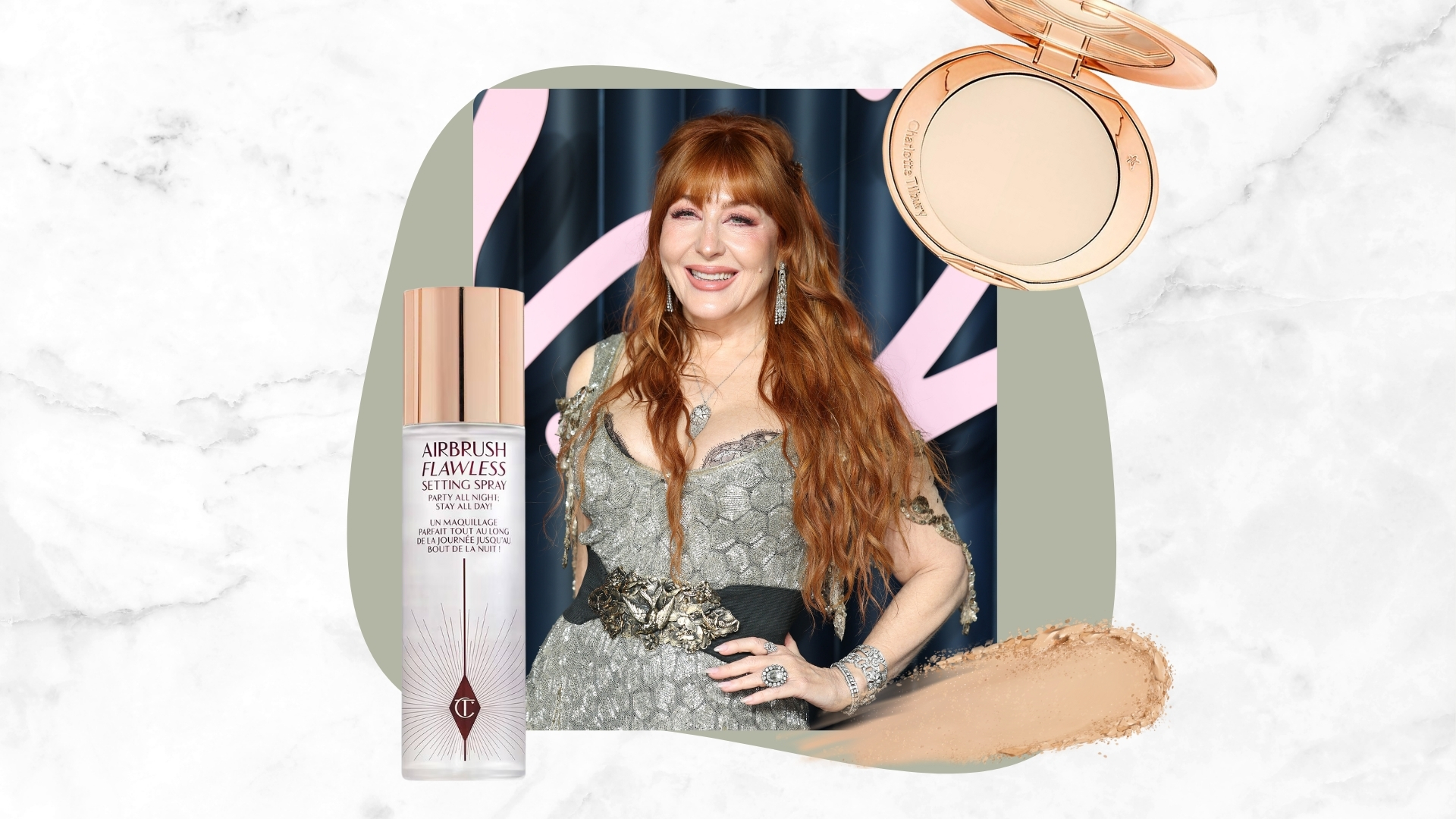 Charlotte Tilbury is pictured at The Fashion Awards 2025 presented by Pandora at the Royal Albert Hall on December 01, 2025 in London, England, and featured in a grey and white marble-effect template alongside two product shots of the Charlotte Tilbury Airbrush setting spray and powder, as well as a powder makeup swatch