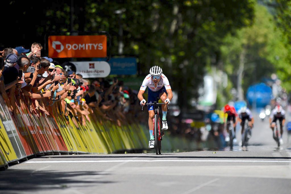 GAP, FRANCE - JUNE 10: Valentin Ferron of France and Team Total Energies celebrates winning during the 74th Criterium du Dauphine 2022, Stage 6 a 196,4km stage from Rives to Gap 742m / #WorldTour / #Dauphin&Atilde;&copy; / on June 10, 2022 in Gap, France. (Photo by Dario Belingheri/Getty Images)