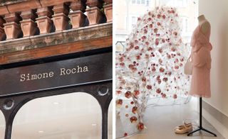 Left: Shop front with Simone Rocha heading. Right: stainless steel mesh covered in a transparent fabric with red floral design