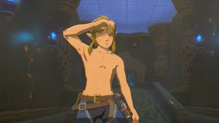 Link shirtlessly shields his eyes in Legend of Zelda: Breath of the Wild.