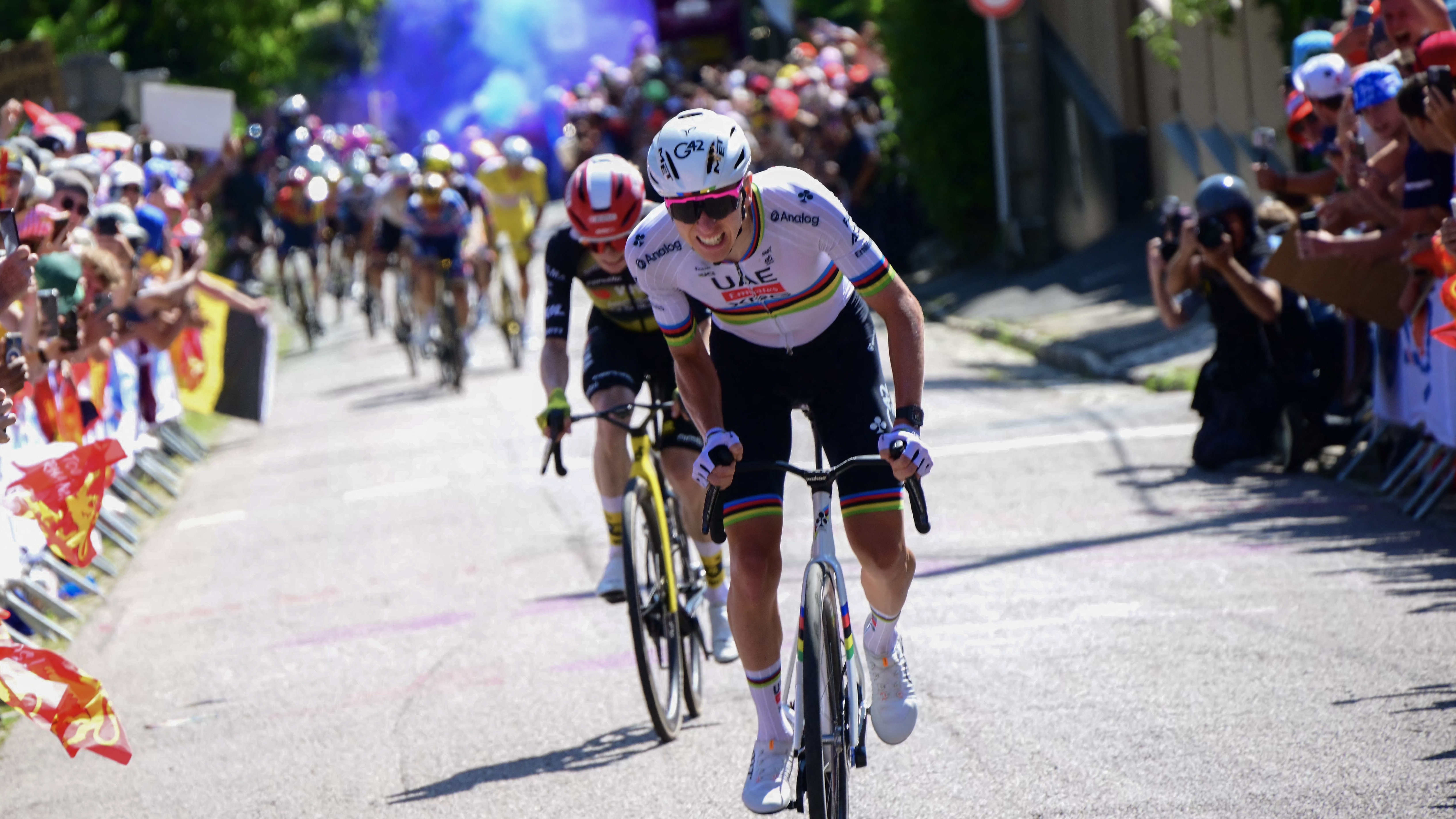 Tadej Pogacar and Jonas Vingegaard battling against each other in Stage 5 of the 2025 Tour de France
