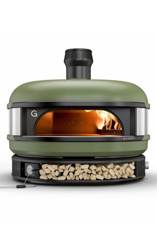 Gozney Dome outdoor pizza oven in green, with space for kindling 