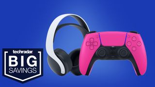 Pulse Headset and a Pink Dualsense on a blue background