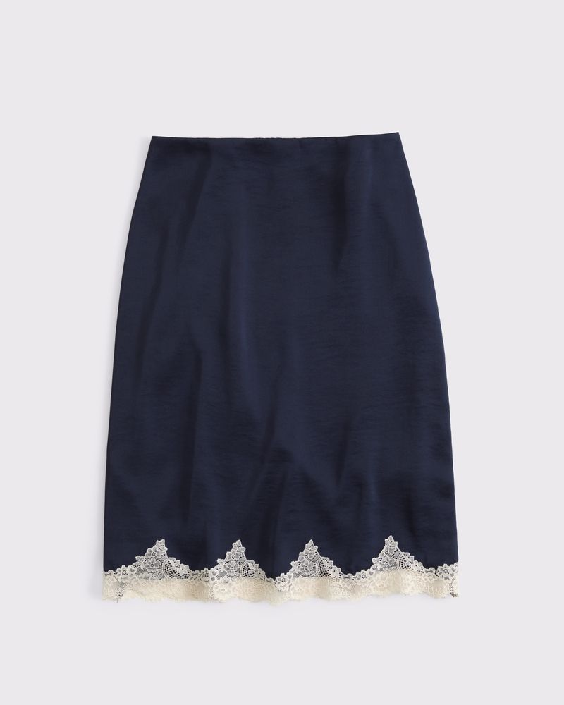 High Rise Satin Lace-Hem Midi Skirt