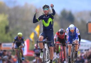 Alejandro Valverde (Movistar) celebrates winning the 2017 Fleche Wallonne