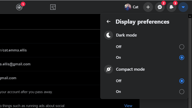 Facebook desktop dark mode