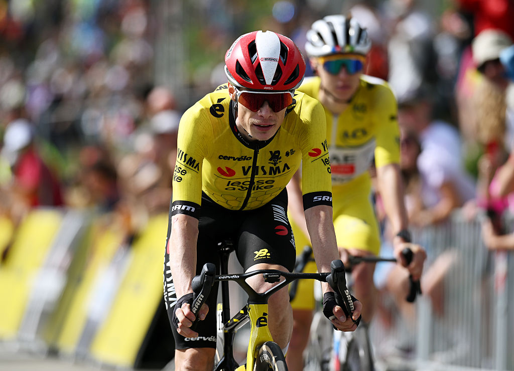 PLATEAU DU MONT-CENIS, FRANCE - JUNE 15: Jonas Vingegaard of Denmark and Team Visma | Lease a Bike crosses the finish line during the 77th Criterium du Dauphine 2025, Stage 8 a 133.3km stage from Val-d'Arc to Plateau du Mont-Cenis 2095m / #UCIWT / on June 15, 2025 in Plateau du Mont-Cenis, France. (Photo by Dario Belingheri/Getty Images)