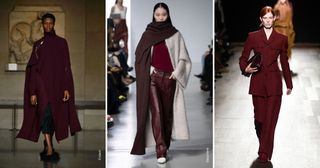 models wearing burgundy clothes at erdem, gauchere and ferragamo