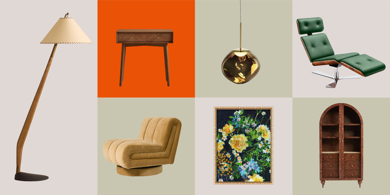 Product Grid with Mid- century modern living room furniture pieces