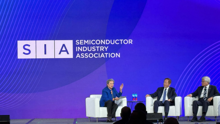 Lisa Su sits alongside TSMC CEO C C Wei and former Chairman Mark Liu on-stage at the 2025 SIA Awards. 