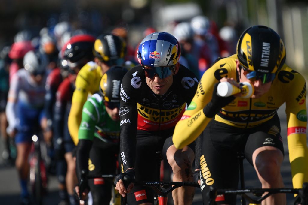 JumboVismas Belgian rider Wout Van Aert C JumboVismas Belgian rider Nathan Van Hooydonck R and JumboVismas Slovenian rider Primoz Roglic CLcompete during the 2nd stage of the 80th edition of the Paris Nice cycling race 1595 km between Auffargis and Orleans on March 7 2022 Photo by FRANCK FIFE AFP Photo by FRANCK FIFEAFP via Getty Images