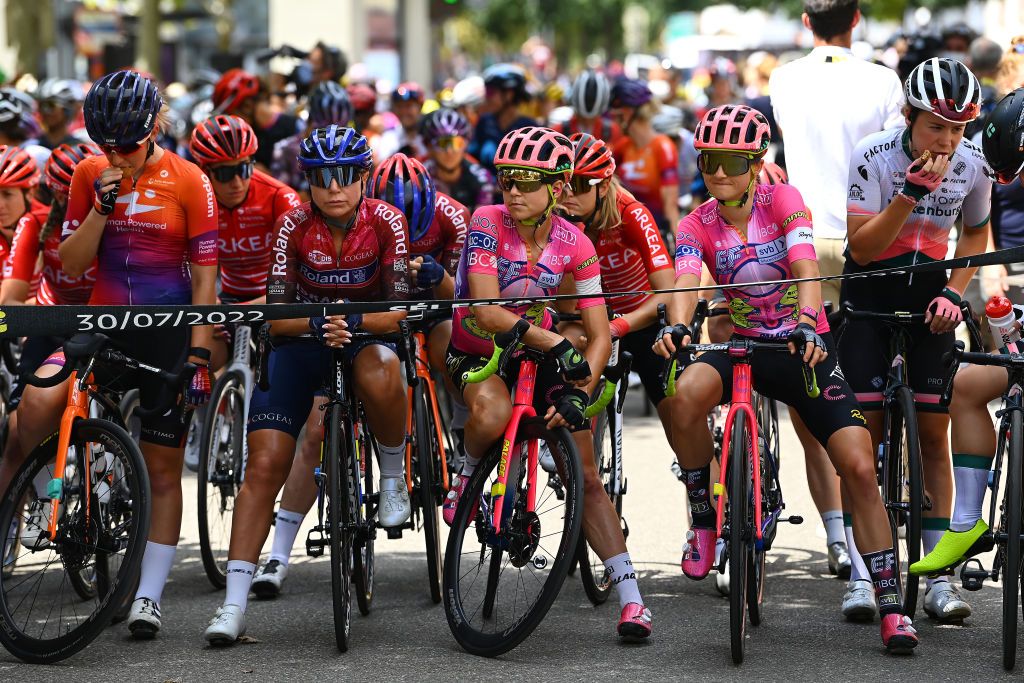 LE MARKSTEIN FRANCE JULY 30 LR Kristabel DoebelHickok of United States and Veronica Ewers of United States and Team EF Education Tibco Svb prior to the 1st Tour de France Femmes 2022 Stage 7 a 1271km stage from Slestat to Le Marksteinc TDFF UCIWWT on July 30 2022 in Le Markstein France Photo by Tim de WaeleGetty Images