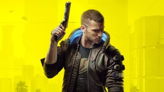 Protagonist of Cyberpunk 2077 holding a gun