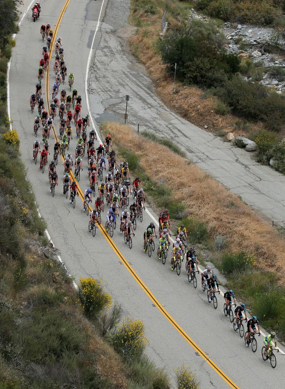 The peloton passing through the Angeles National Forest