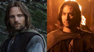 From left to right: Viggo Mortensen as Aragorn in Fellowship of the Ring and Maxim Baldry as Isildur in Rings of Power holding a torch.