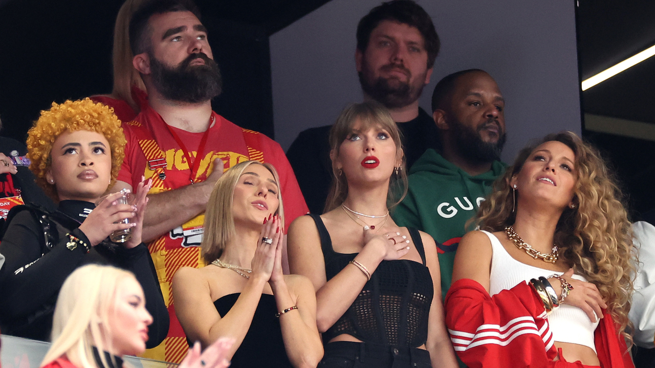 Rapper Ice Spice, NFL player Jason Kelce, singer Taylor Swift and actress Blake Lively react prior to Super Bowl LVIII between the San Francisco 49ers and Kansas City Chiefs at Allegiant Stadium on February 11, 2024 in Las Vegas, Nevada.